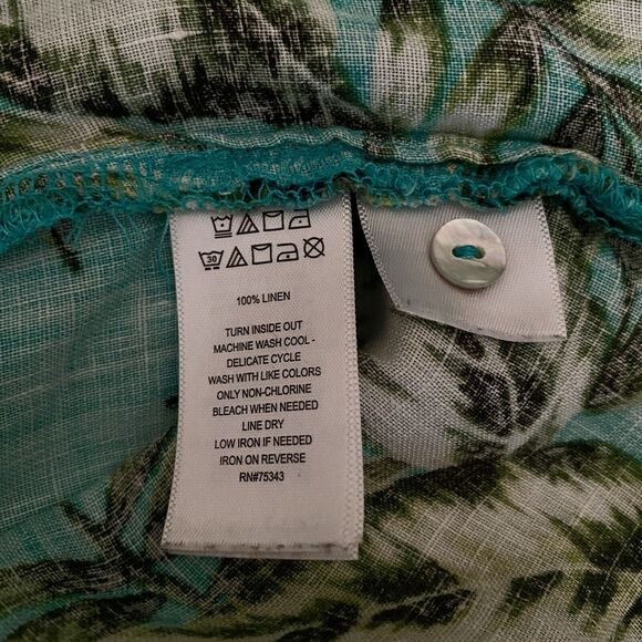 C & C CALIFORNIA Womens M 100% Linen Turquoise Button Up Shirt Tropical Leaves - Picture 8 of 8